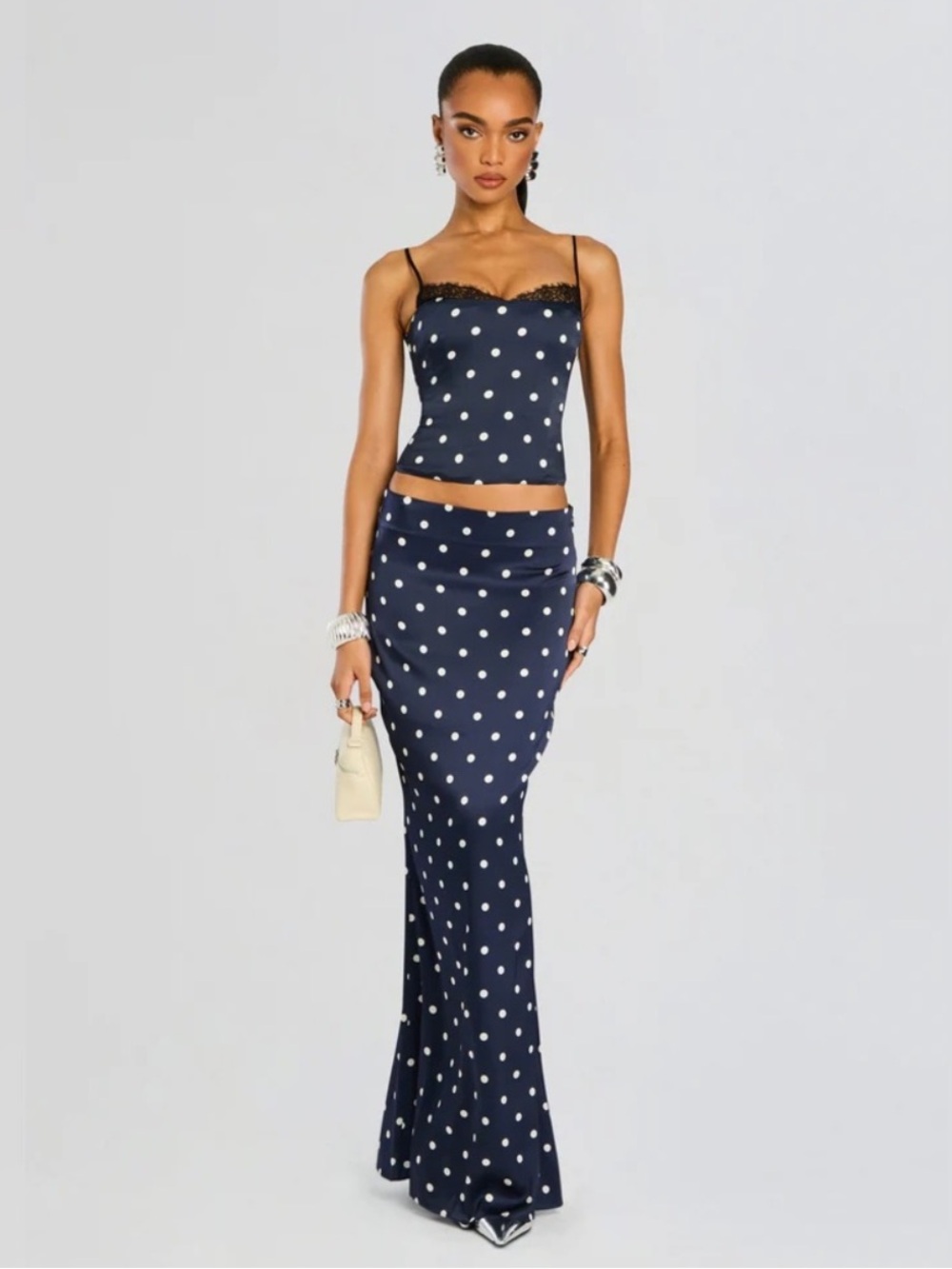 Retrofete Navy & White Polka Dot Brookelynn Corset Top Maxi Set Darla Skirt